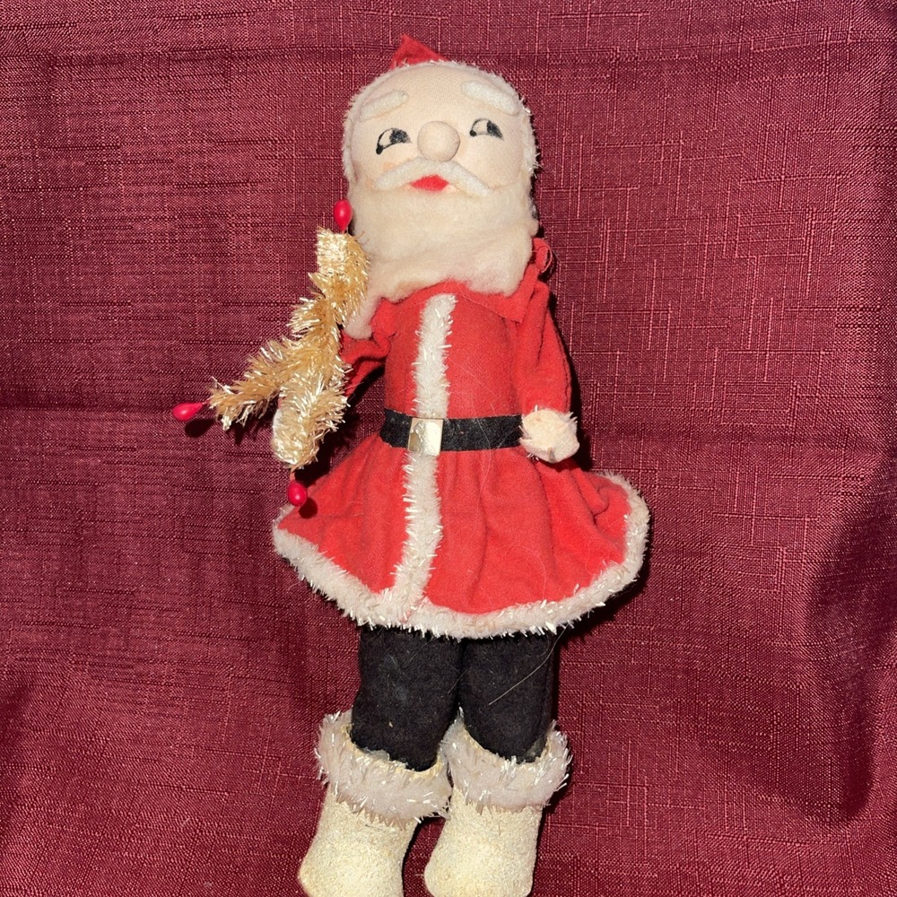 1960s‎ Santa Claus Ornaments Cloth Face Bead Nose Felt Tinsel 9"H Red Suit
